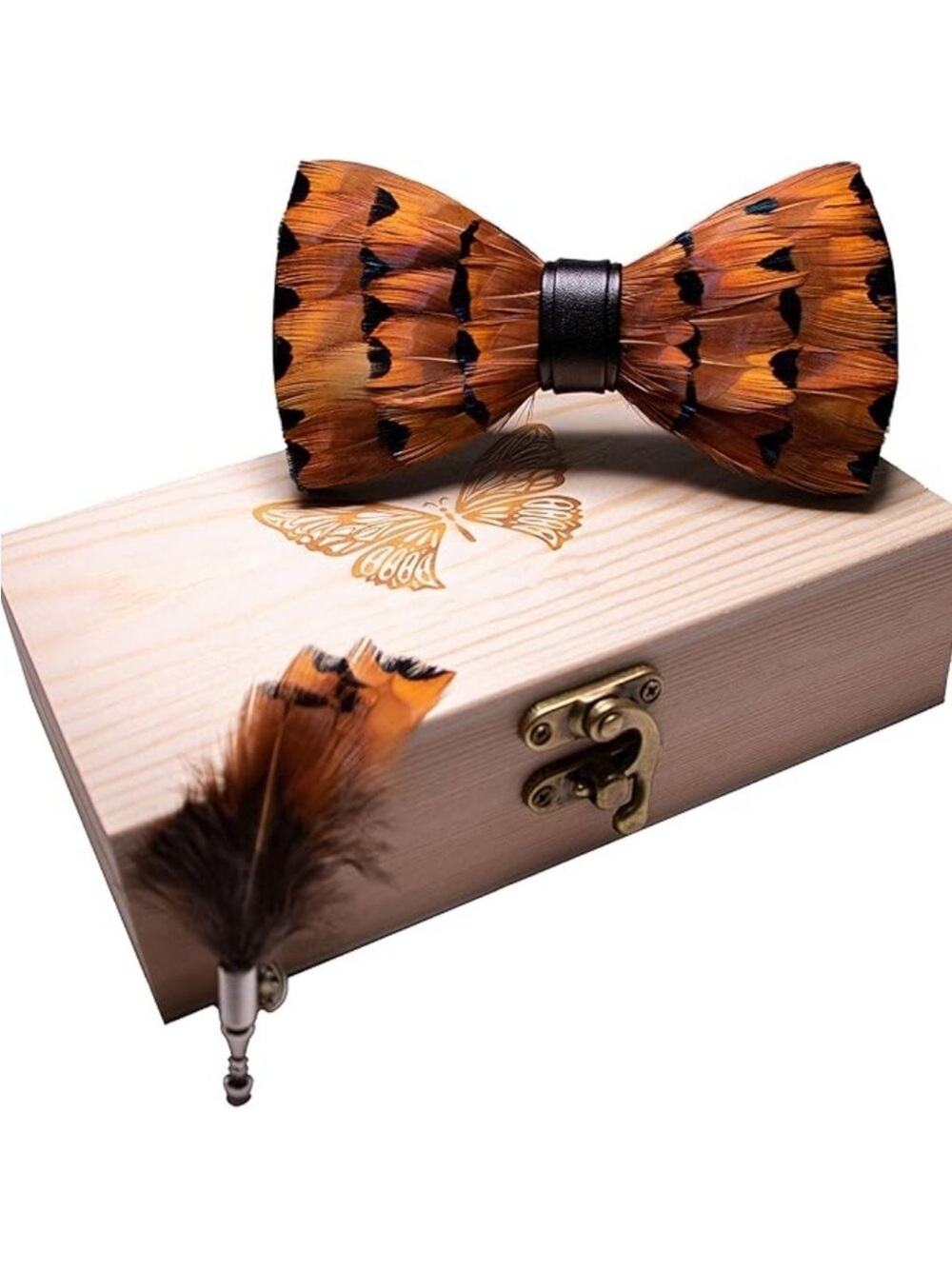 Handmade Feather Pre-tied Bow tie and Brooch Sets for Men Orange